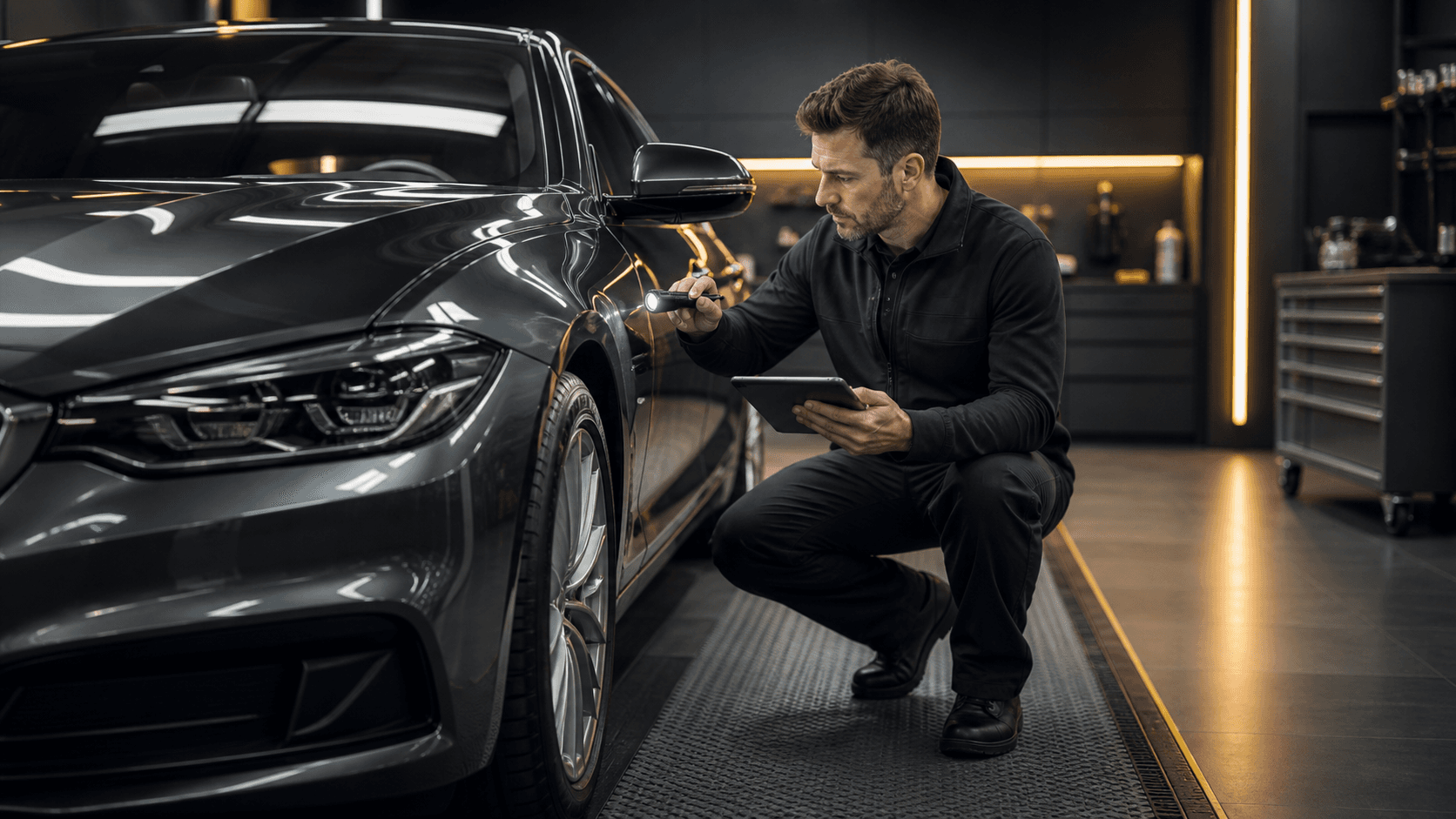 Expert automobile inspectant soigneusement un véhicule d’occasion