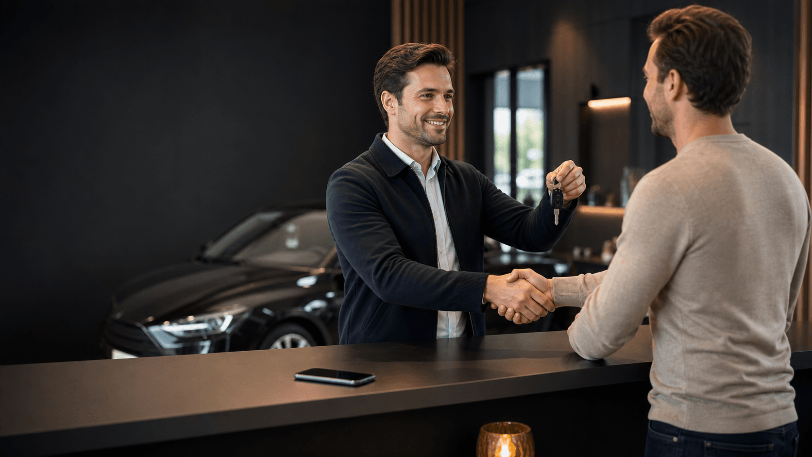 Vendeur remettant les clés après une vente automobile sécurisée